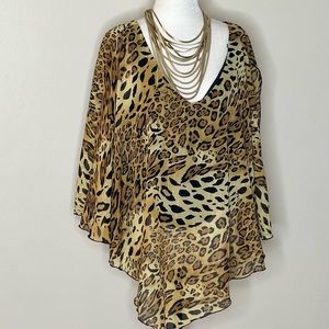 Vintage Flowy Animal Print Top with Split Sleeves and Gold Metallic Detail